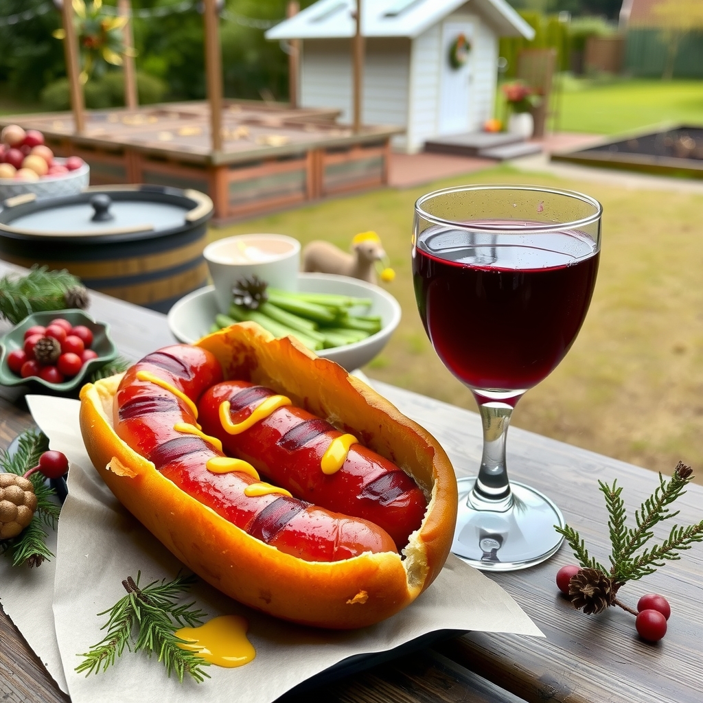 grilled red sausage in a bun with mulled wine by मुफ्त एआई छवि जनरेटर - बिना लॉगिन के✨ | AIGAZOU