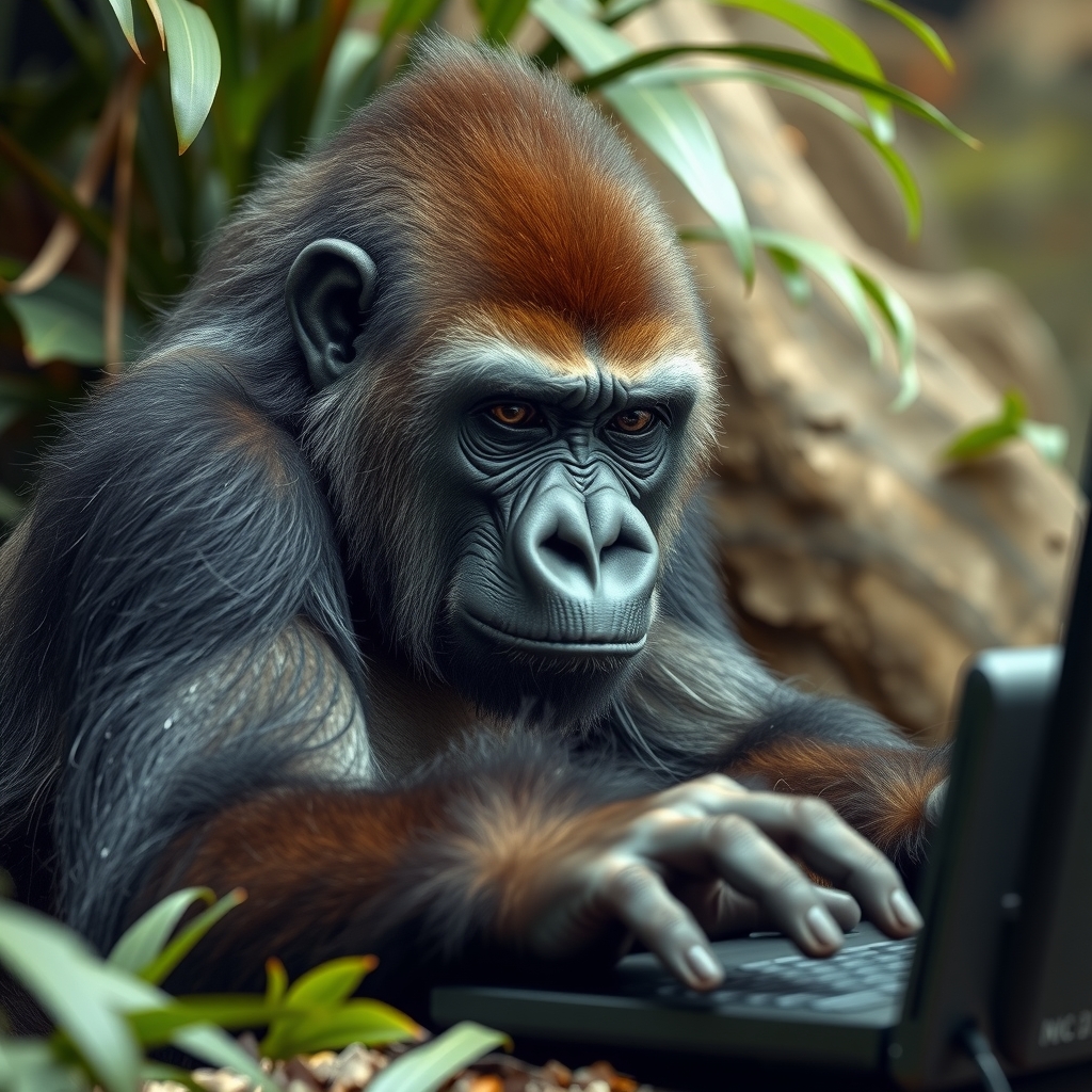 unfamiliar gorilla touching computer by मुफ्त एआई छवि जनरेटर - बिना लॉगिन के✨ | AIGAZOU