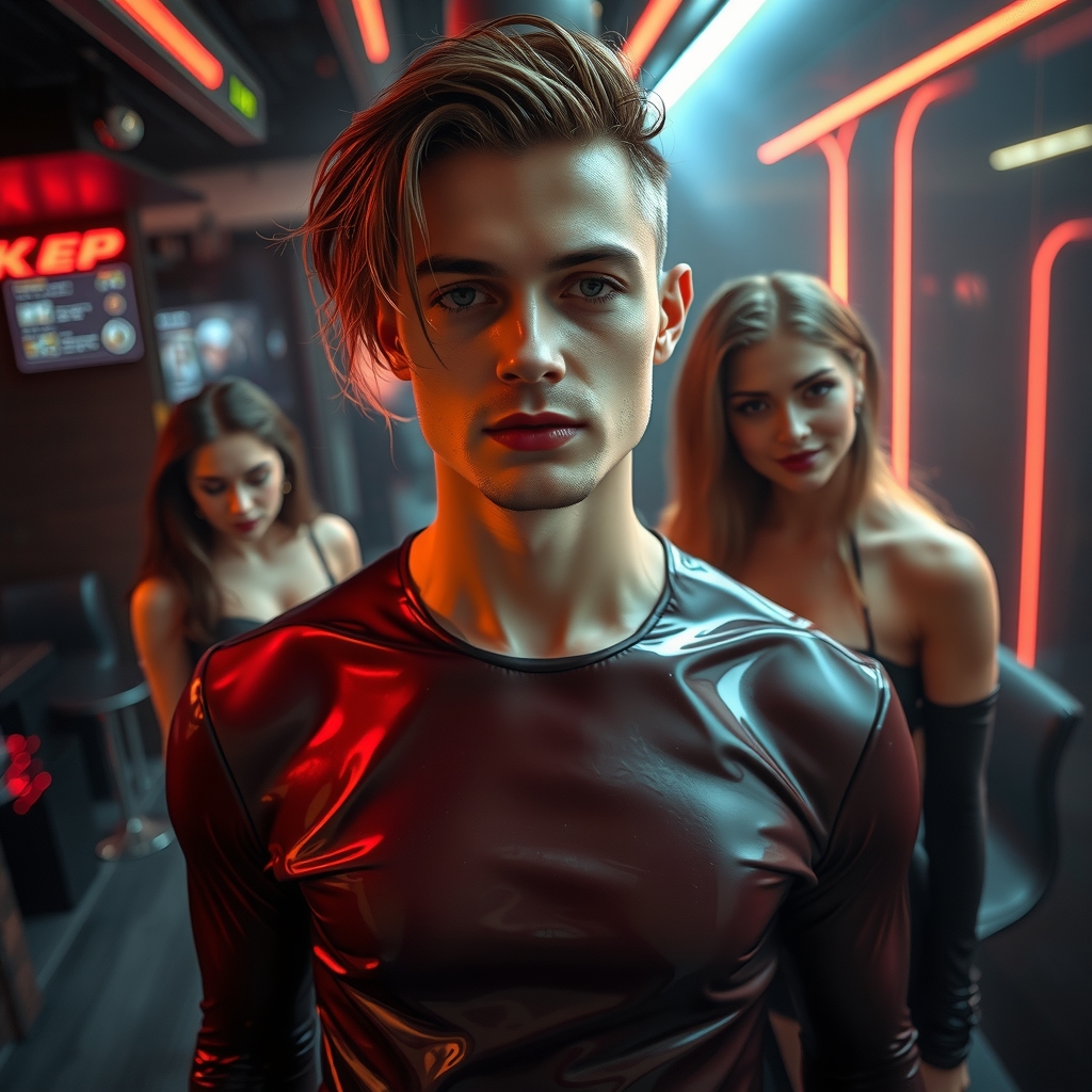 futuristic cyberpunk scene with young man in dark latex by मुफ्त एआई छवि जनरेटर - बिना लॉगिन के✨ | AIGAZOU