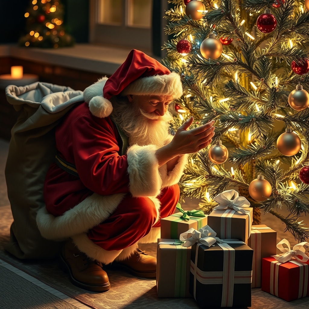 old santa claus placing gifts under lit tree by मुफ्त एआई छवि जनरेटर - बिना लॉगिन के✨ | AIGAZOU