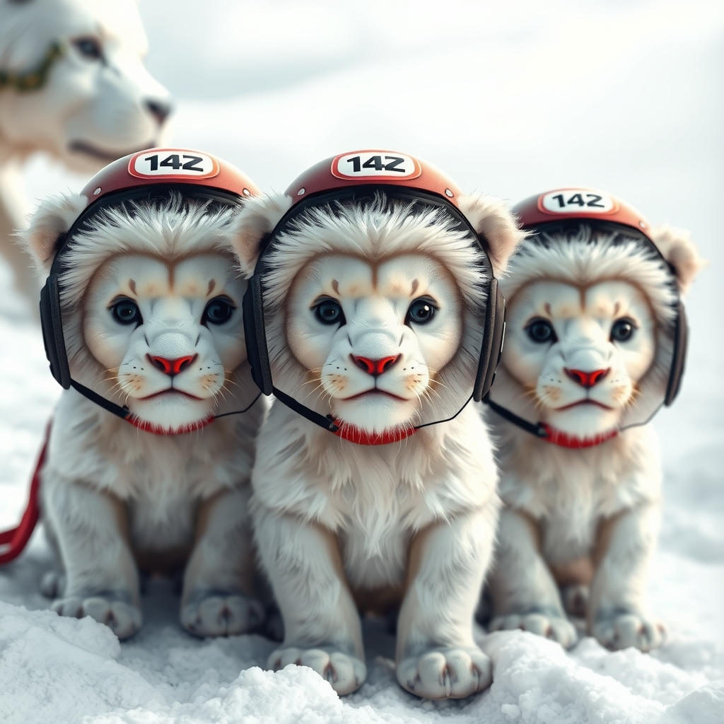 cute white lions with helmets in snow by मुफ्त एआई छवि जनरेटर - बिना लॉगिन के✨ | AIGAZOU