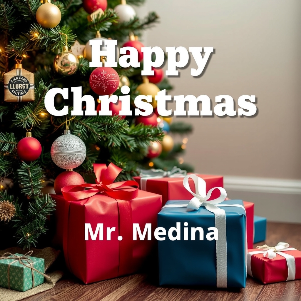 christmas tree and gifts happy christmas mr medina by मुफ्त एआई छवि जनरेटर - बिना लॉगिन के✨ | AIGAZOU