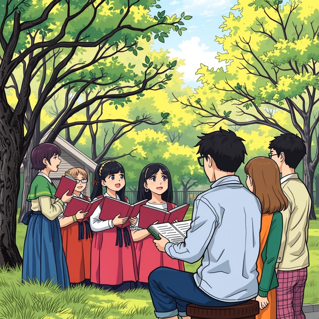 mixed chorale in a park colored manga drawing by मुफ्त एआई छवि जनरेटर - बिना लॉगिन के✨ | AIGAZOU