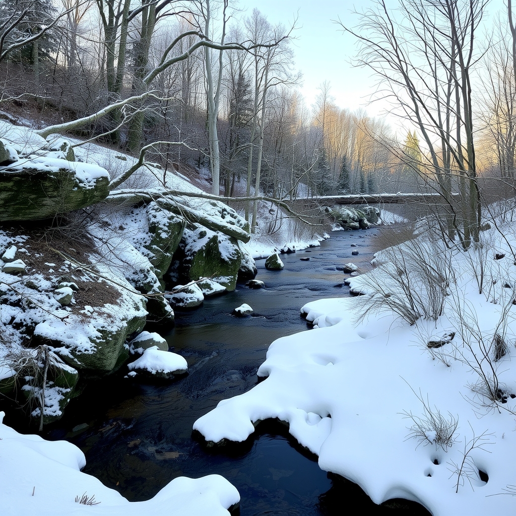 winter landscape with stream by मुफ्त एआई छवि जनरेटर - बिना लॉगिन के✨ | AIGAZOU