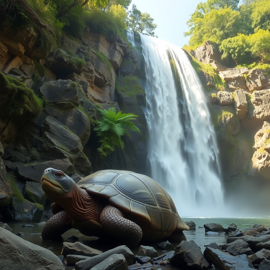 large turtle at the foot of the waterfall by मुफ्त एआई छवि जनरेटर - बिना लॉगिन के✨ | AIGAZOU