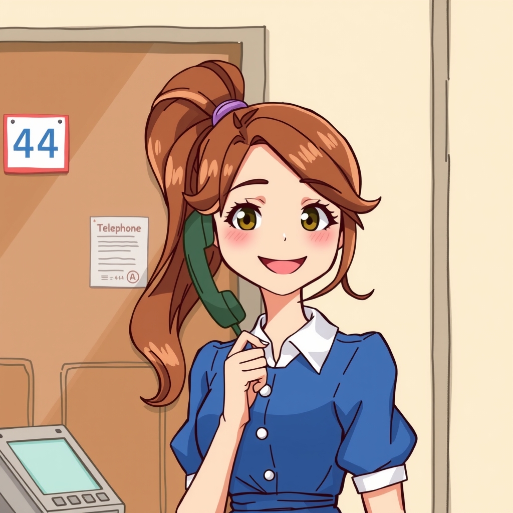 illustration of a brown haired girl with a high ponytail working as a telephone operator smiling in a blue dress by मुफ्त एआई छवि जनरेटर - बिना लॉगिन के✨ | AIGAZOU