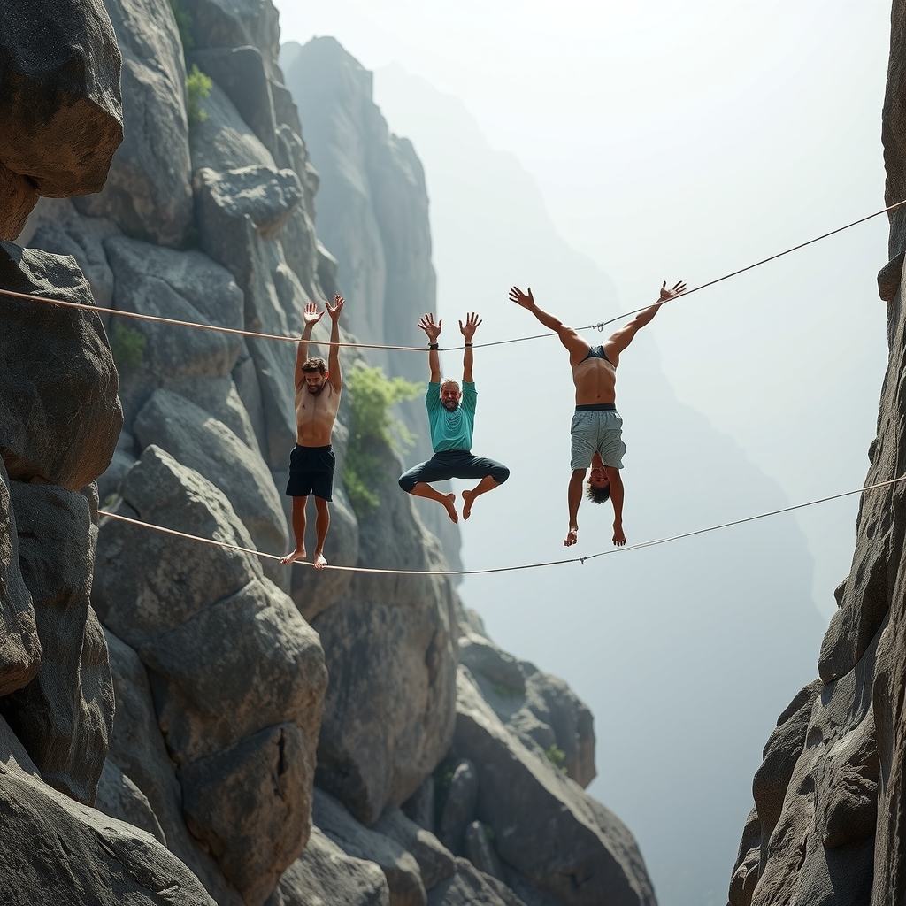 three rope dancers balance upside down by मुफ्त एआई छवि जनरेटर - बिना लॉगिन के✨ | AIGAZOU