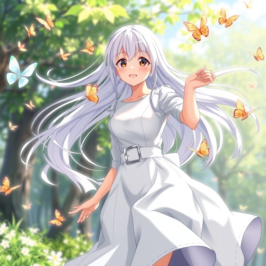 anime style office girl with silver hair dancing with butterflies by मुफ्त एआई छवि जनरेटर - बिना लॉगिन के✨ | AIGAZOU