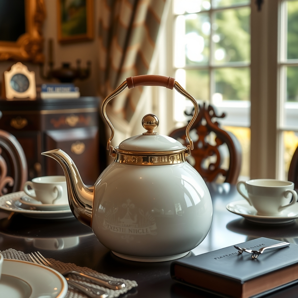 elegant beautiful rich home teapot on desk by 免费AI图像生成工具 | AIGAZOU