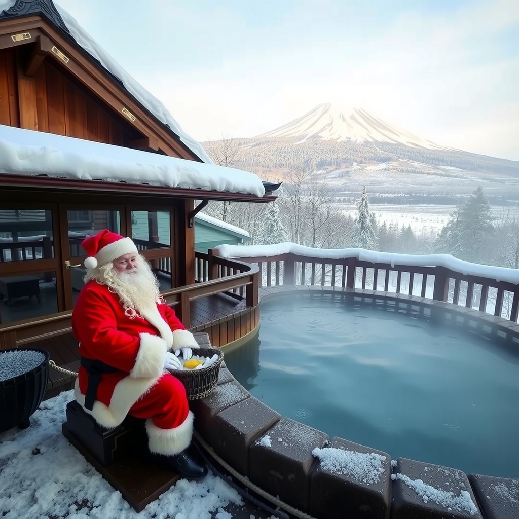 santa hot spring with view of snowy mount fuji by मुफ्त एआई छवि जनरेटर - बिना लॉगिन के✨ | AIGAZOU