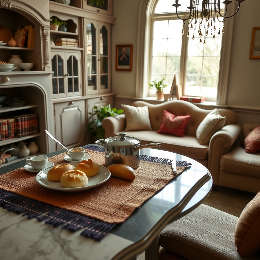 luxurious kitchen with luncheon mats sweets pots sofa window bookshelf by Générateur d'images par IA gratuit - Aucune connexion nécessaire✨ | AIGAZOU