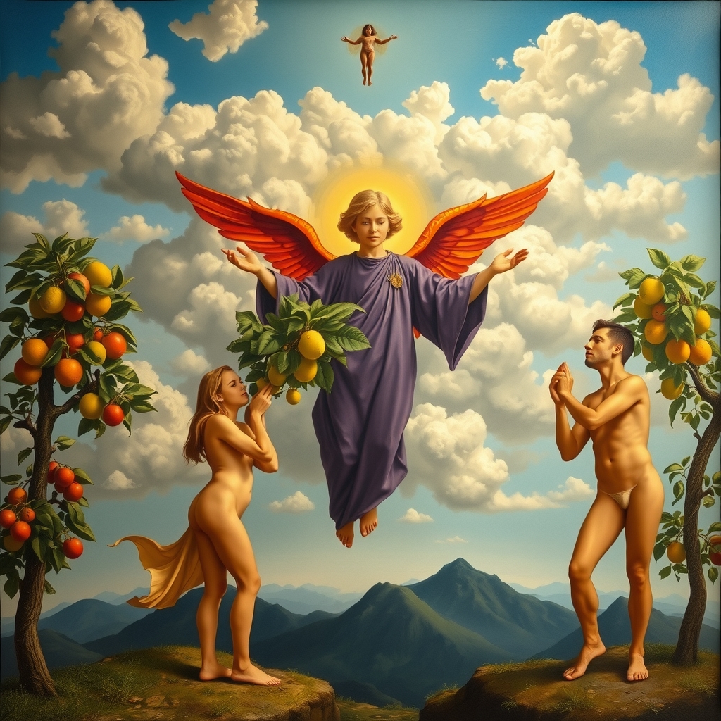 angel with red wings and purple clothes looking up in the clouds with naked man and woman under fruit trees by मुफ्त एआई छवि जनरेटर - बिना लॉगिन के✨ | AIGAZOU