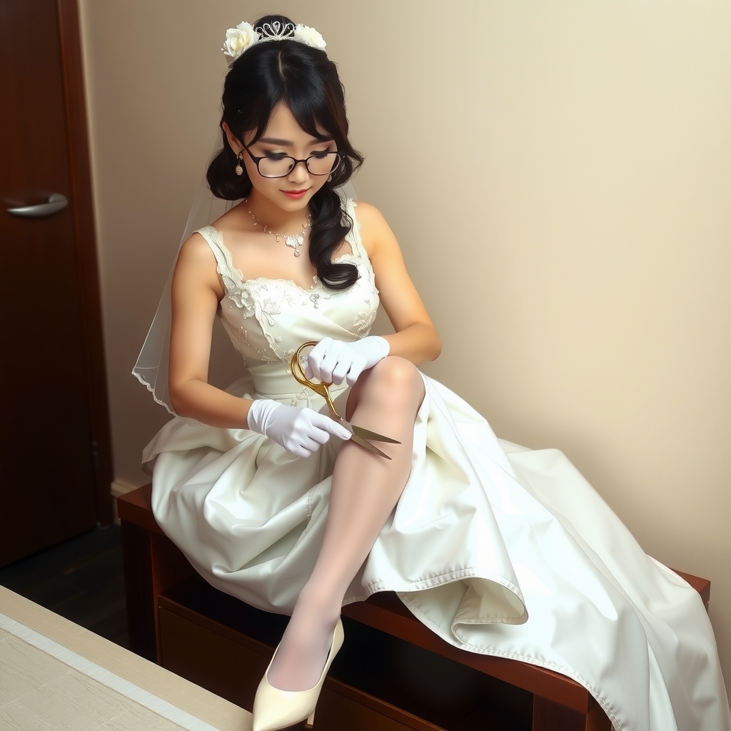 japanese woman in wedding dress cutting stockings with scissors by Générateur d'images par IA gratuit - Aucune connexion nécessaire✨ | AIGAZOU