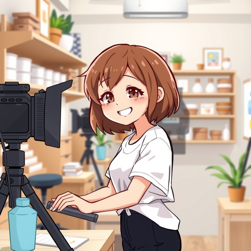illustration of a girl with short brown hair working in a photo shop smiling wearing a white shirt and black by Free AI Image Generator & Maker - No login required✨ | AIGAZOU