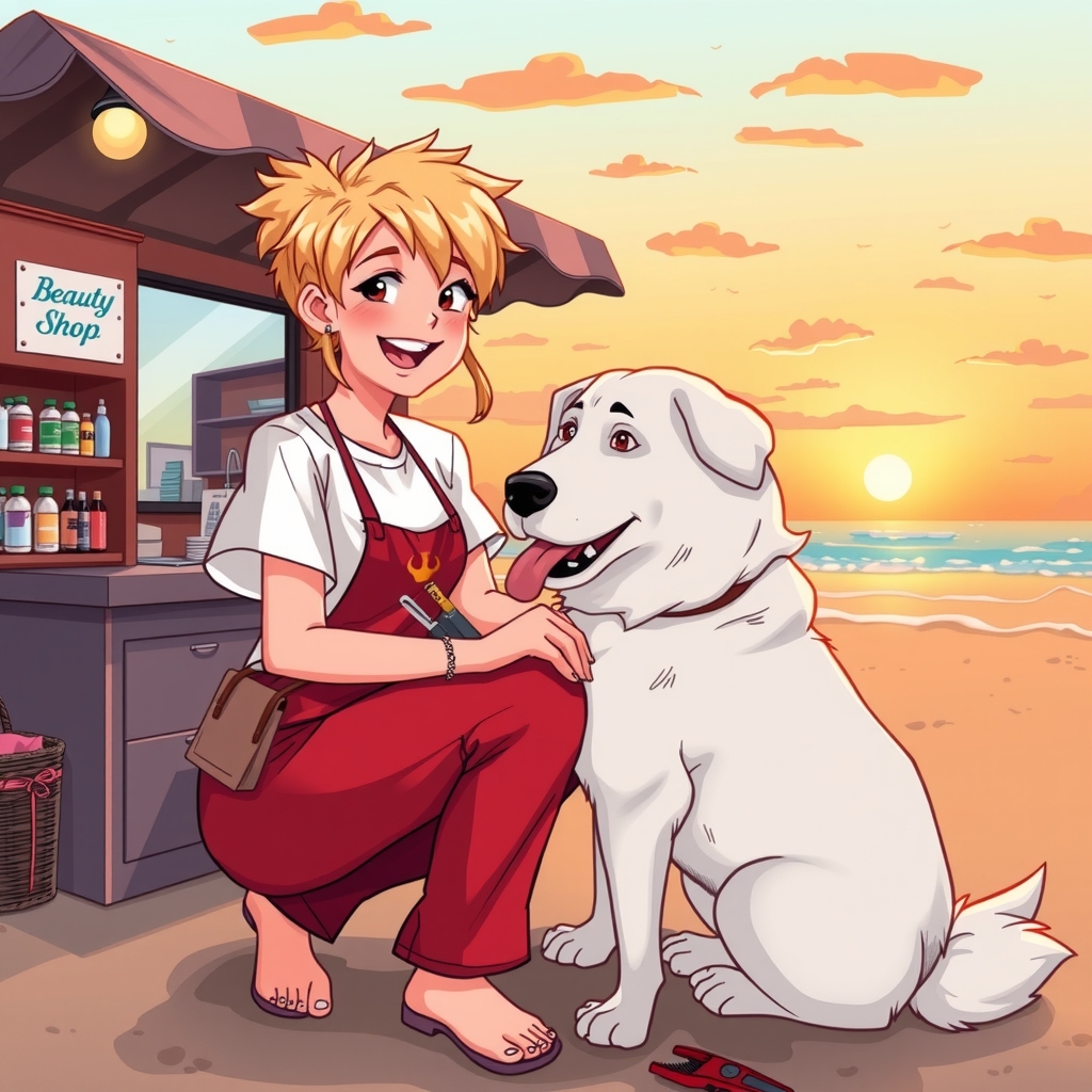 blonde girl working in beauty shop with dog at beach by Générateur d'images par IA gratuit - Aucune connexion nécessaire✨ | AIGAZOU