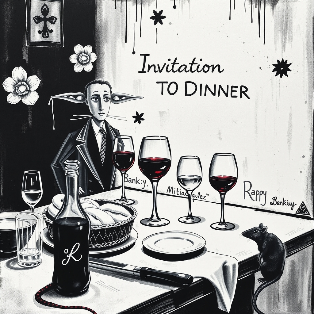 invitation to dinner wine bread table glasses black white kandinsky rat banksy by Free AI Image Generator & Maker - No login required✨ | AIGAZOU
