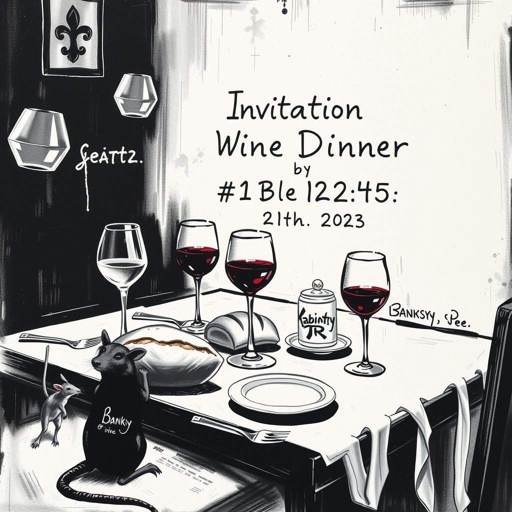 invitation to dinner wine bread table glasses black white kandinsky rat banksy by Free AI Image Generator & Maker - No login required✨ | AIGAZOU