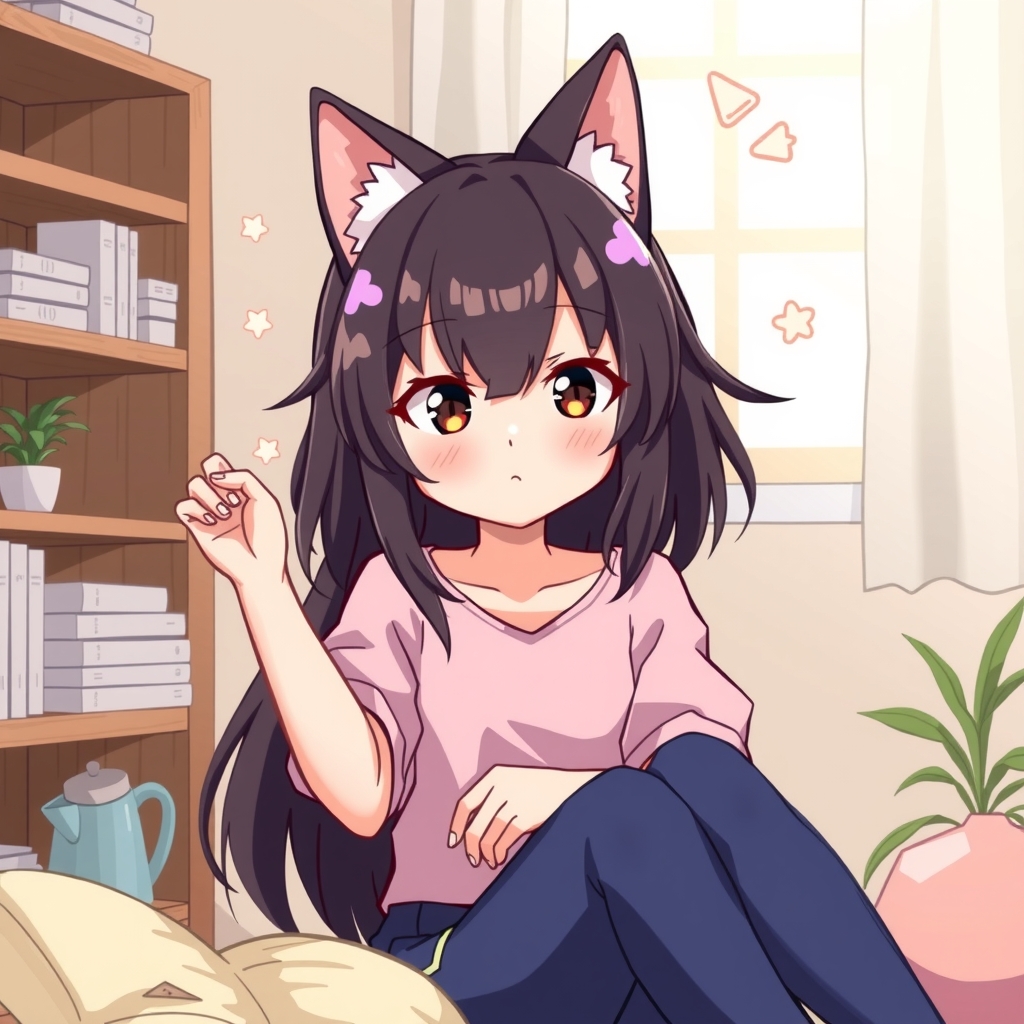 anime style cat ear black hair homebody girl character by Free AI Image Generator & Maker - No login required✨ | AIGAZOU