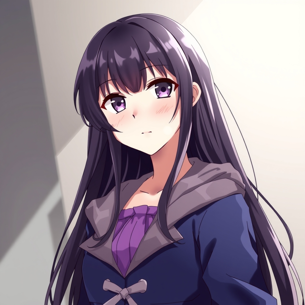 anime style long hair black haired woman blouse hoodie closed mouth purple by Free AI Image Generator & Maker - No login required✨ | AIGAZOU