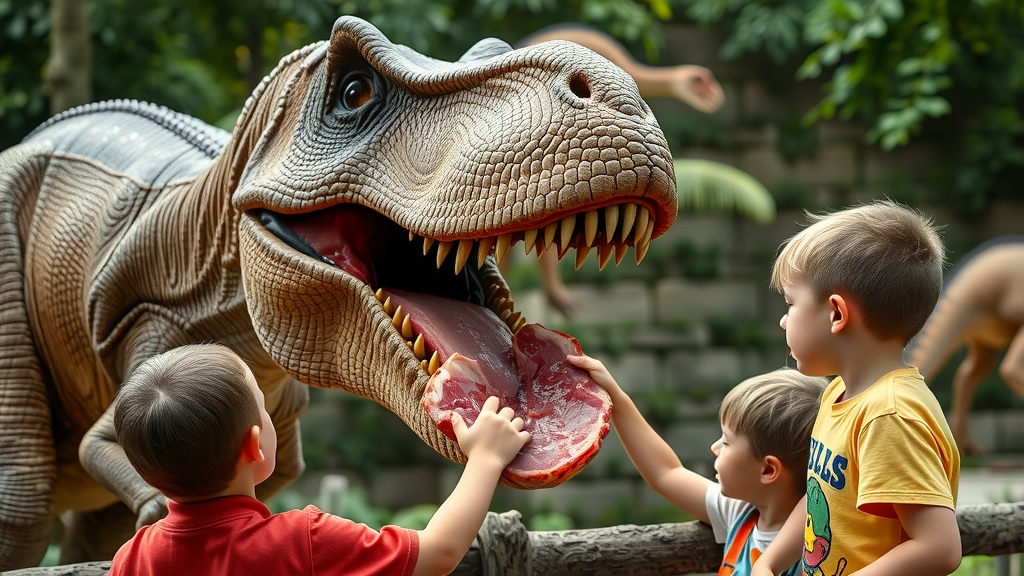 kids feed huge t rex with juicy steak by Free AI Image Generator & Maker - No login required✨ | AIGAZOU