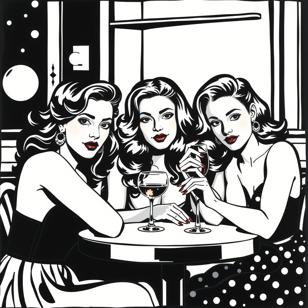 three beautiful young women invitation to eat and drink black and white roy lichtenstein by Free AI Image Generator & Maker - No login required✨ | AIGAZOU