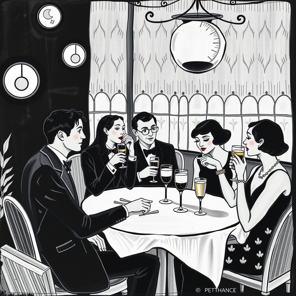 invitation guests food drink 1920 art deco germany black white chagall by Free AI Image Generator & Maker - No login required✨ | AIGAZOU
