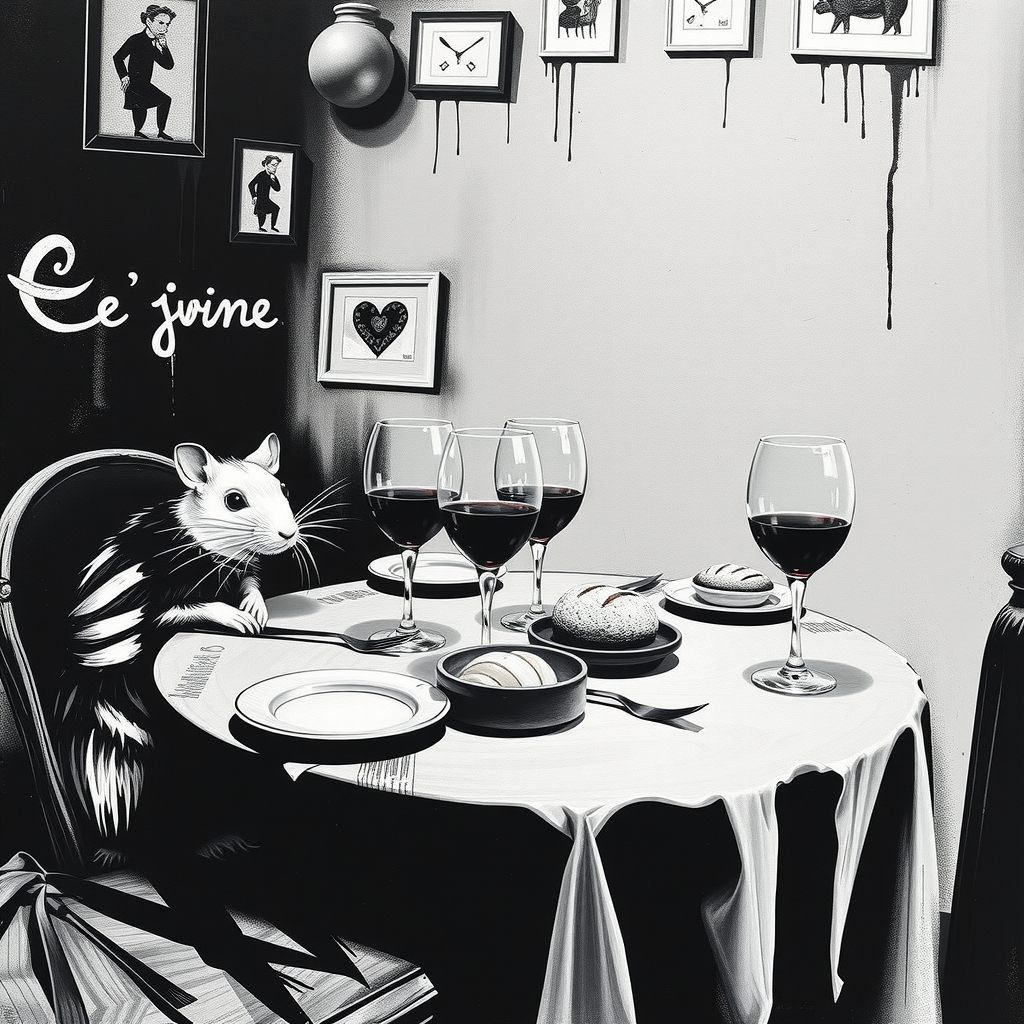 invitation to dinner wine bread table glasses black white kandinsky rat banksy by Free AI Image Generator & Maker - No login required✨ | AIGAZOU