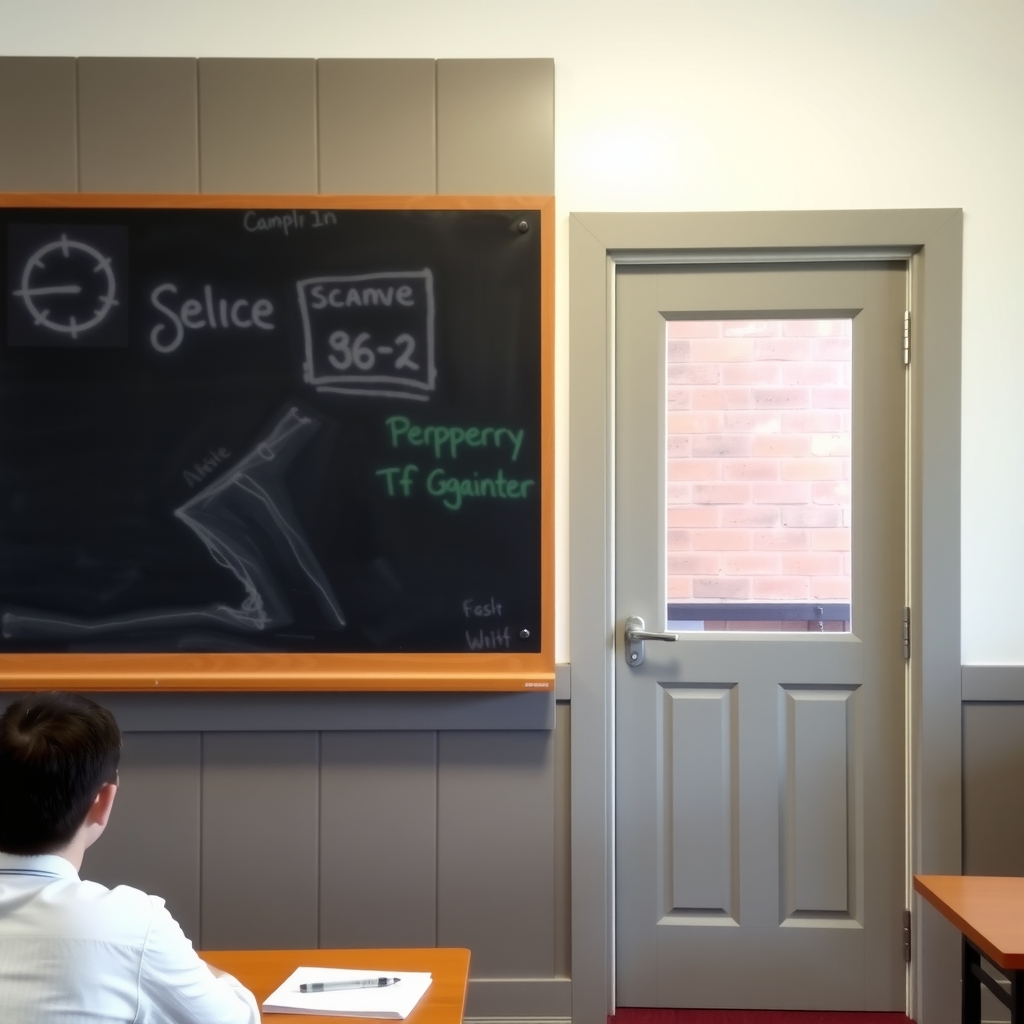in class right half of blackboard and open glass door by Free AI Image Generator & Maker - No login required✨ | AIGAZOU