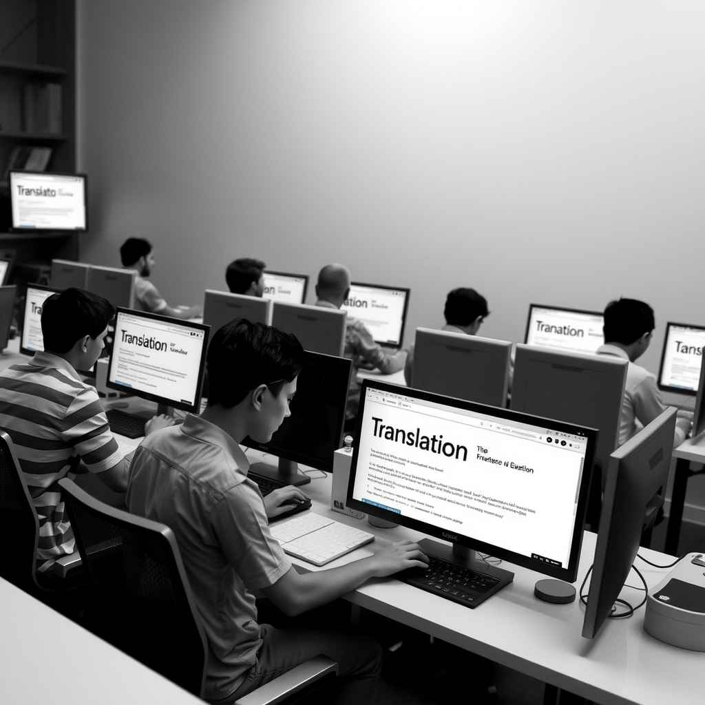 black and white minimalist style showing people collaborating on translation via computer by Free AI Image Generator & Maker - No login required✨ | AIGAZOU