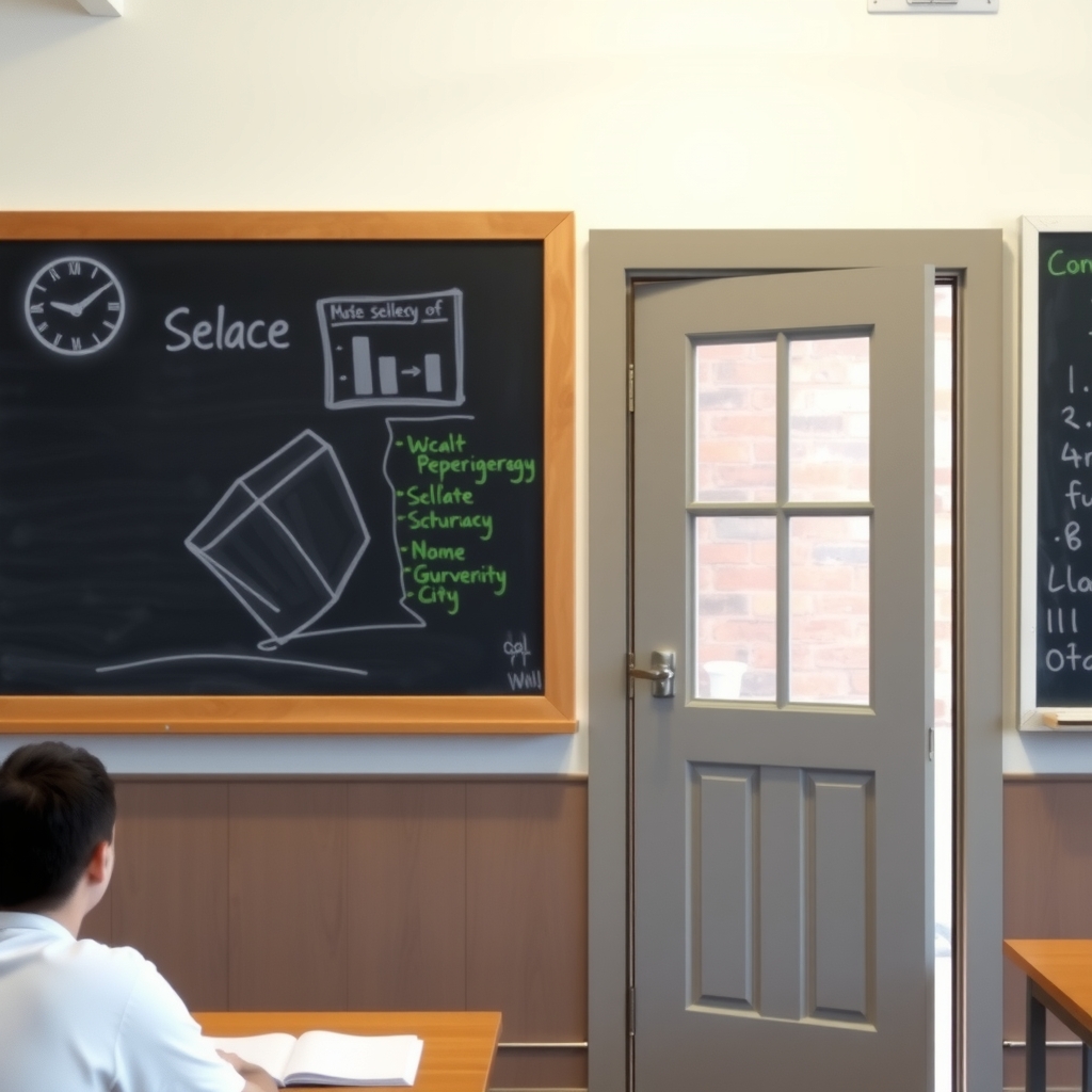 in class right side of blackboard and semi glazed door open by Free AI Image Generator & Maker - No login required✨ | AIGAZOU