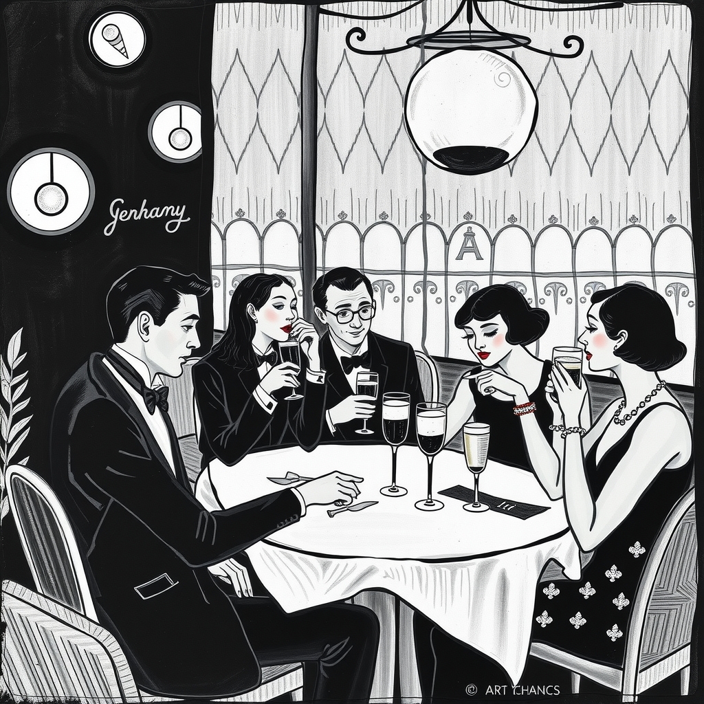 invitation guests food drink 1920 art deco germany black white chagall by Free AI Image Generator & Maker - No login required✨ | AIGAZOU