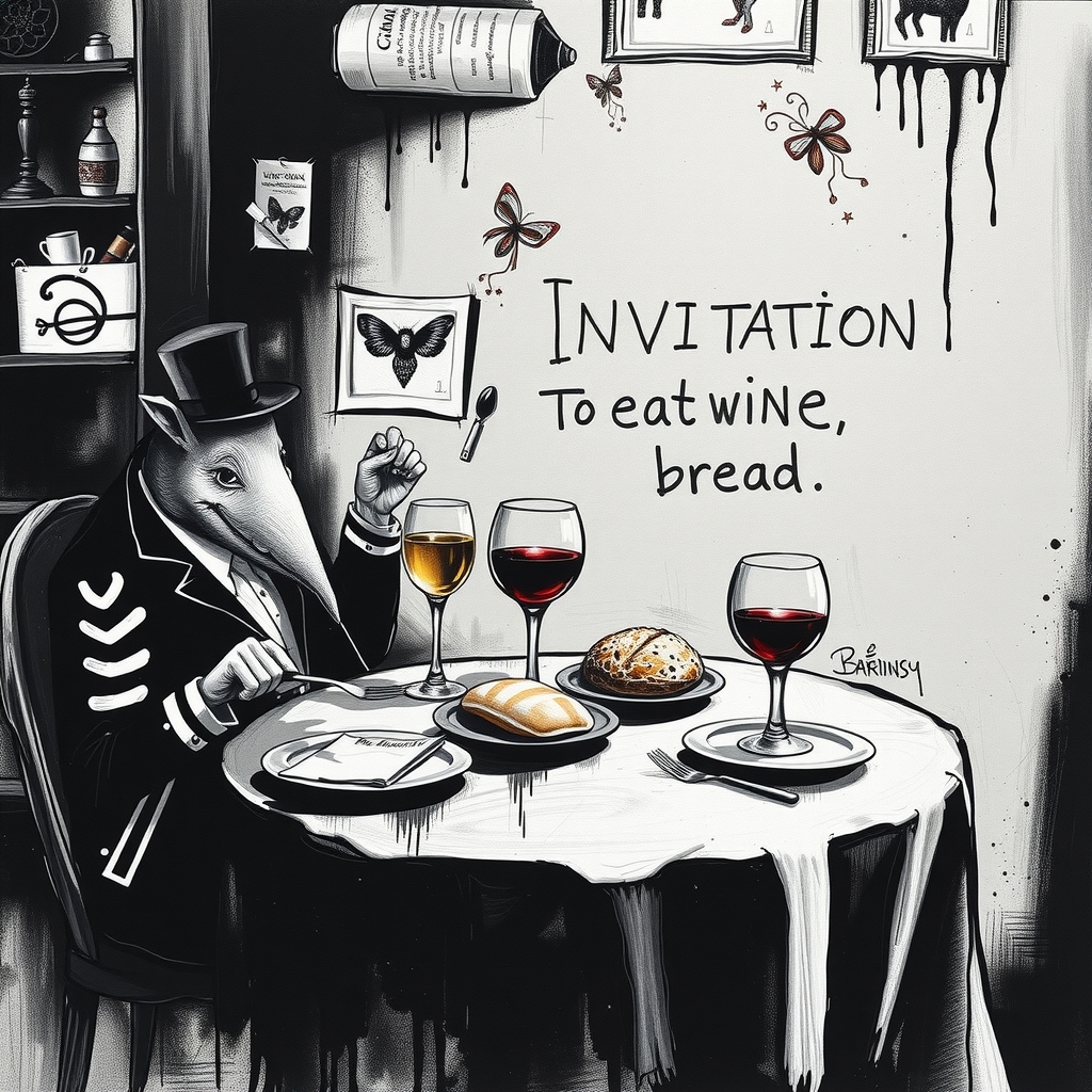 invitation to dinner wine bread table glasses black white kandinsky rat jacket banksy by Free AI Image Generator & Maker - No login required✨ | AIGAZOU