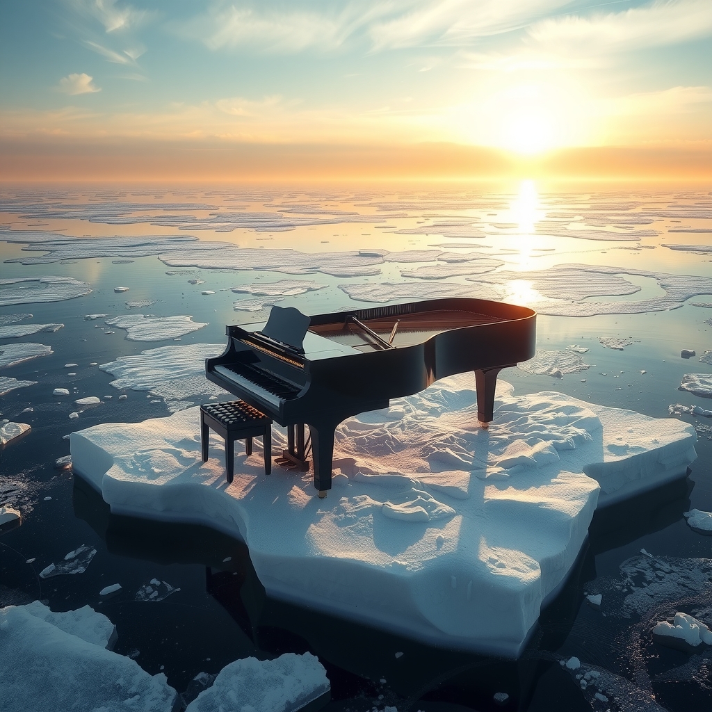 grand piano on ice floe in sea snowing sun shining by Free AI Image Generator & Maker - No login required✨ | AIGAZOU