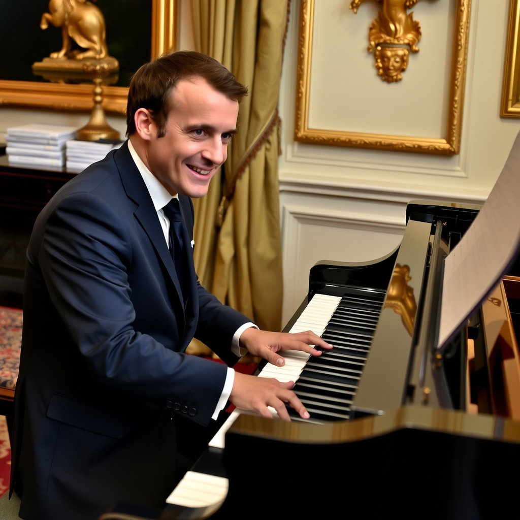 macron french president plays piano by Free AI Image Generator & Maker - No login required✨ | AIGAZOU