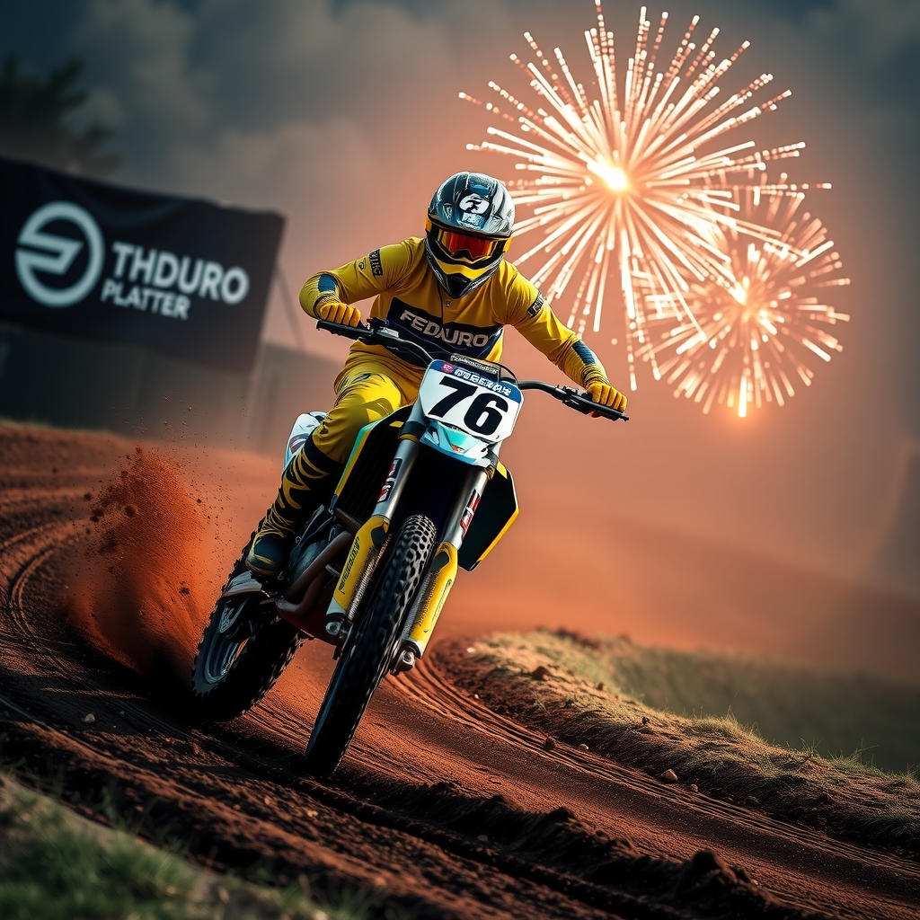 enduro blue yellow number 76 rider cross track fireworks rockets by Free AI Image Generator & Maker - No login required✨ | AIGAZOU