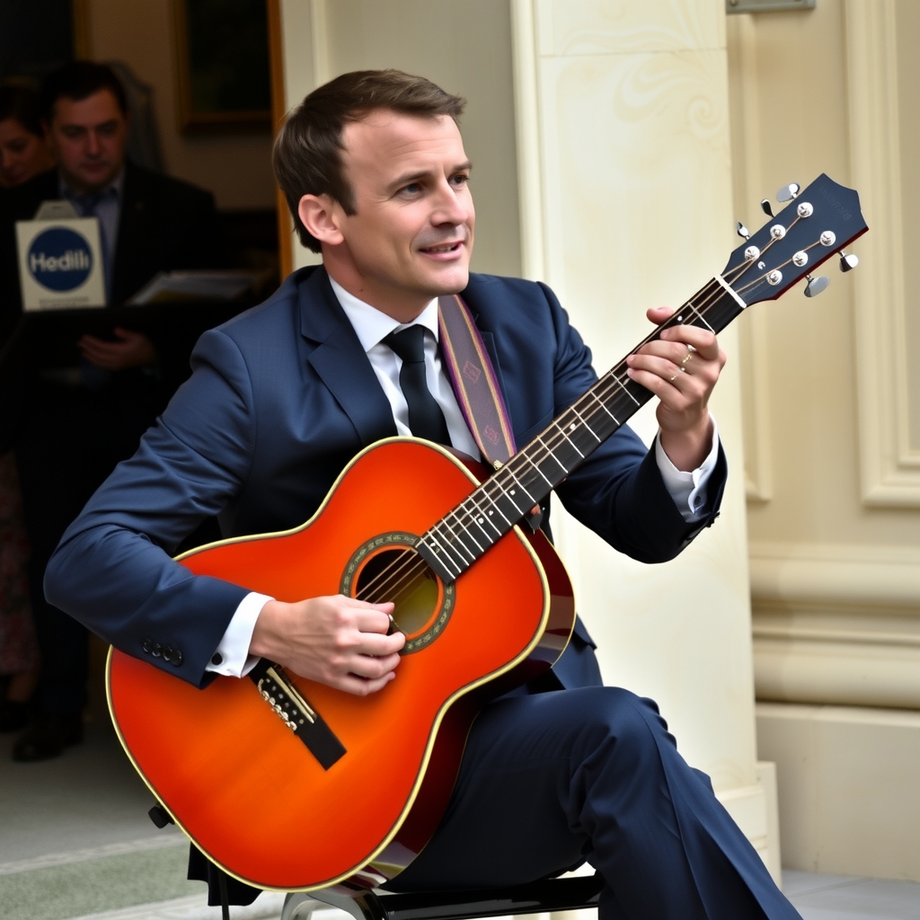 macron french president plays guitar by Free AI Image Generator & Maker - No login required✨ | AIGAZOU