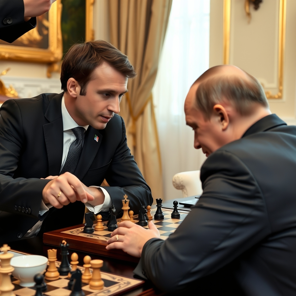 macron french president plays chess with putin by Free AI Image Generator & Maker - No login required✨ | AIGAZOU