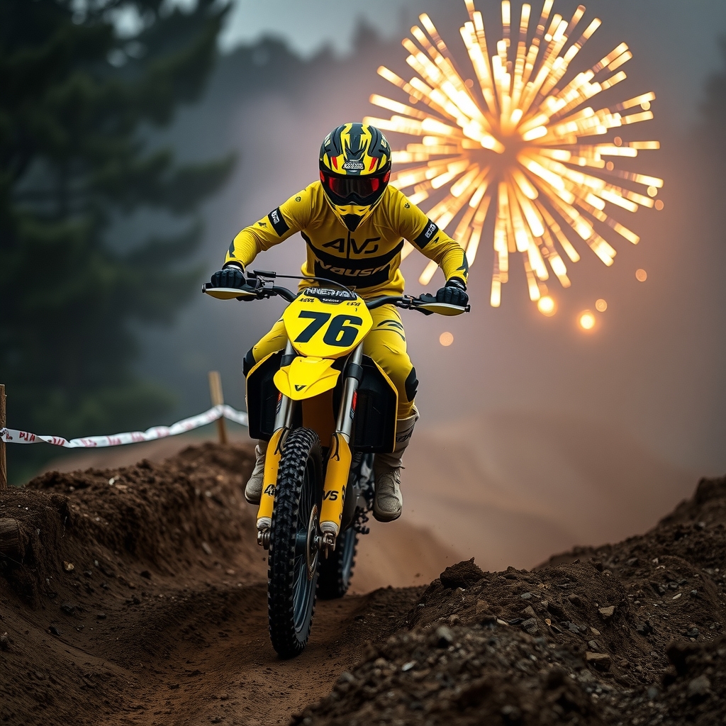 enduro yellow blue number 76 rider cross track fireworks by Free AI Image Generator & Maker - No login required✨ | AIGAZOU