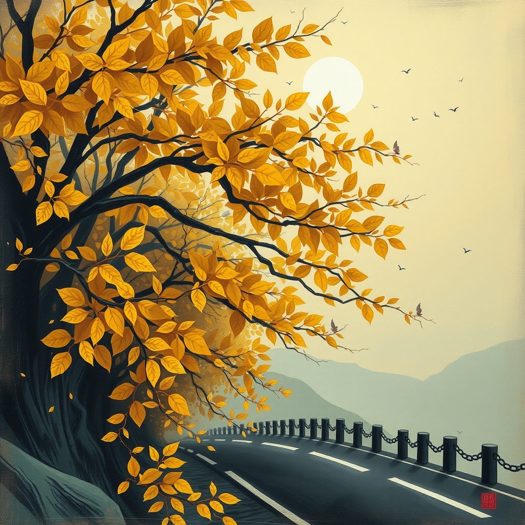 yellow leaves few cicadas ink clouds distant road lights old friendship stars by Free AI Image Generator & Maker - No login required✨ | AIGAZOU