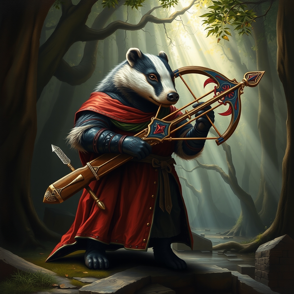 medieval badger with crossbow in forest by Free AI Image Generator & Maker - No login required✨ | AIGAZOU