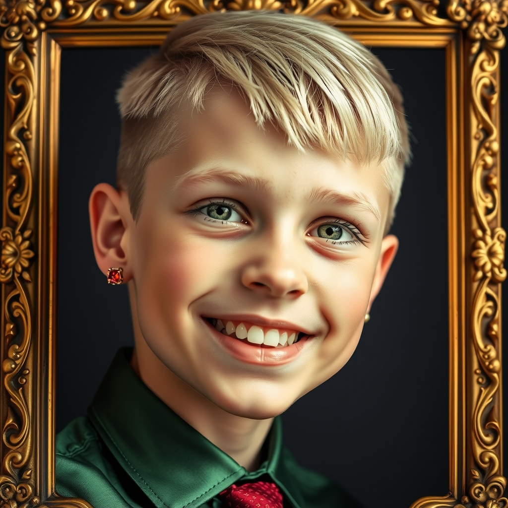 golden frame decorated edge image portrait blonde boy smiling green shirt red tie by Free AI Image Generator & Maker - No login required✨ | AIGAZOU
