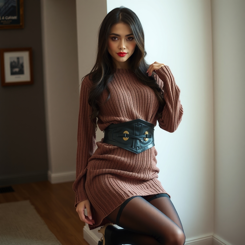 beautiful dark haired woman wears fitted sweater with garter stockings by Free AI Image Generator & Maker - No login required✨ | AIGAZOU