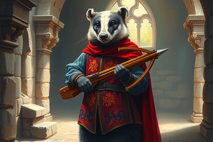 medieval badger with crossbow in hall by Free AI Image Generator & Maker - No login required✨ | AIGAZOU