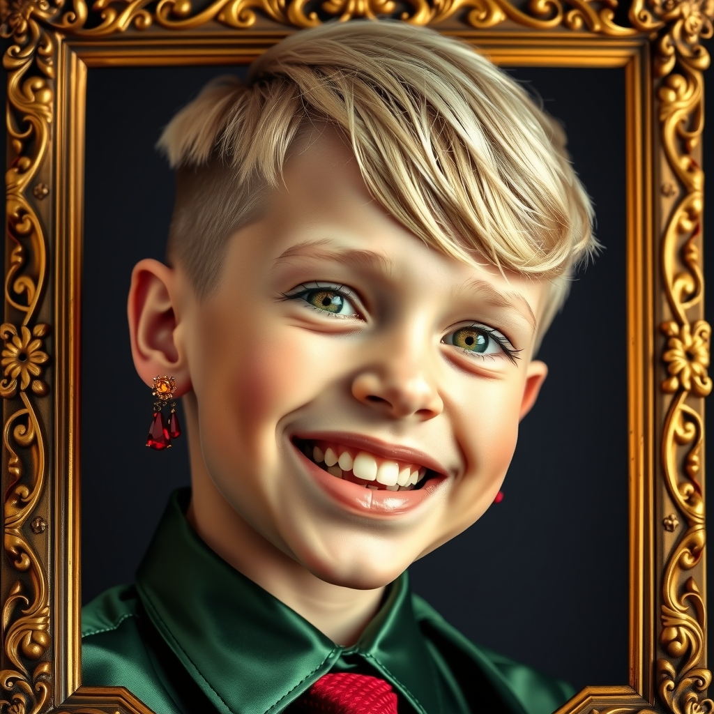 golden frame decorated edge image portrait blonde boy green shirt red tie by Free AI Image Generator & Maker - No login required✨ | AIGAZOU