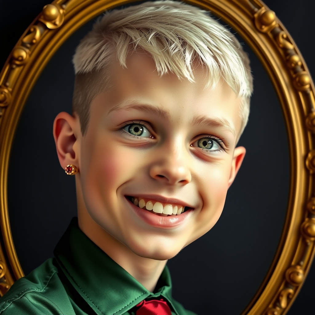 golden frame portrait blonde boy green shirt red tie by Ücretsiz AI Görüntü Oluşturucu - Giriş gerektirmez✨ | AIGAZOU