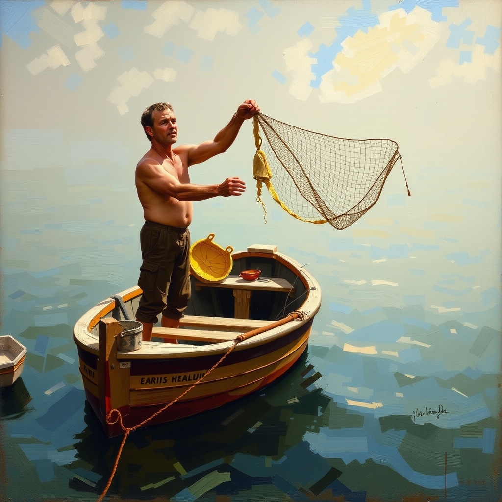 fisherman in boat throwing net painted by janos szurcsik by Free AI Image Generator & Maker - No login required✨ | AIGAZOU