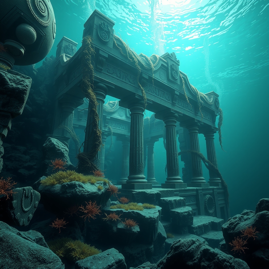 majestic underwater ruined temple blue green light by Free AI Image Generator & Maker - No login required✨ | AIGAZOU