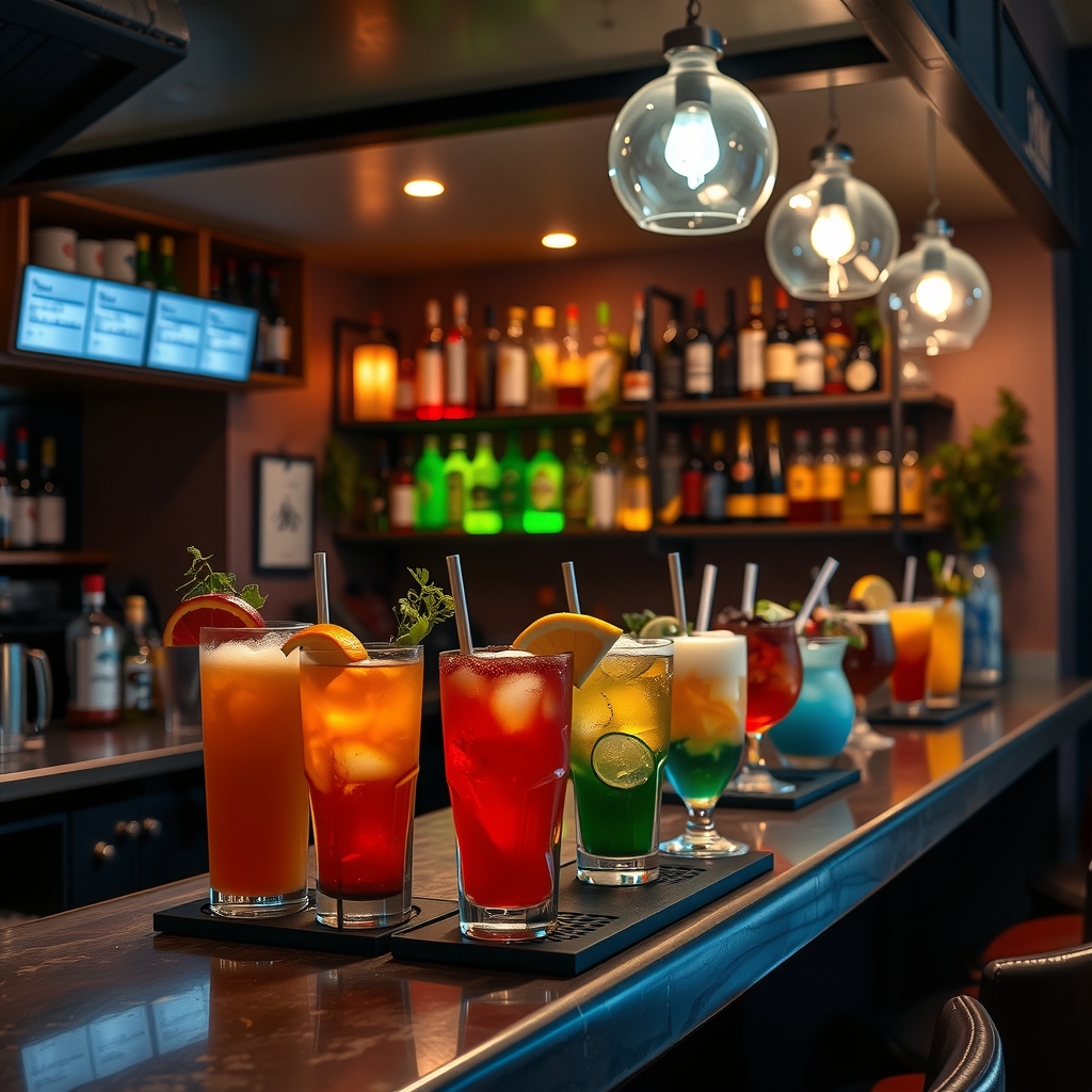 cozy bar colorful drinks relaxed atmosphere modern trendy by Free AI Image Generator & Maker - No login required✨ | AIGAZOU