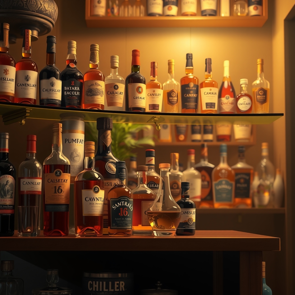 beautifully arranged shelf alcohol bottles digital art by Free AI Image Generator & Maker - No login required✨ | AIGAZOU