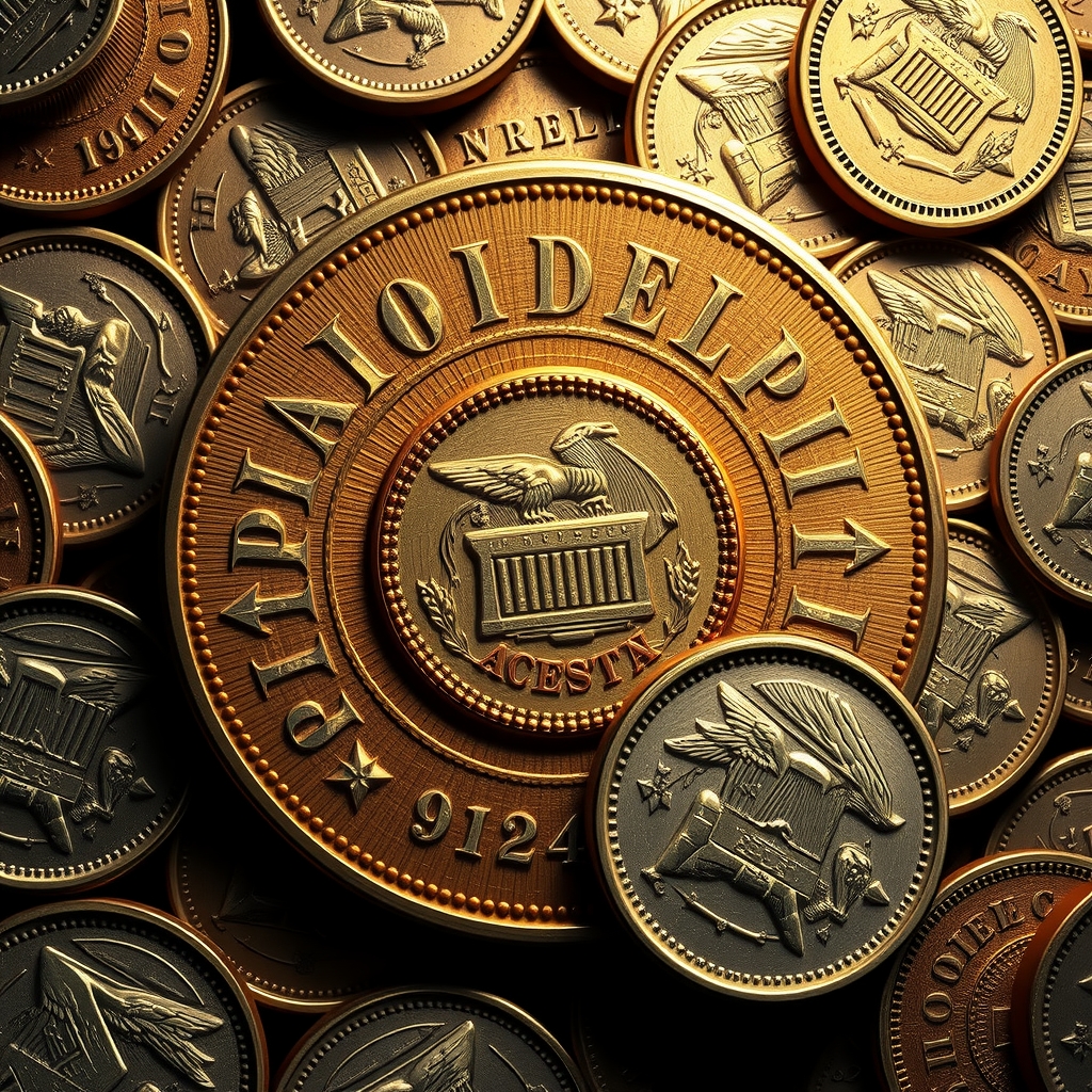 vintage philadelphia coins circular arrangement historical engravings by Free AI Image Generator & Maker - No login required✨ | AIGAZOU